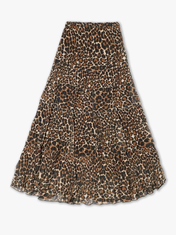 Brown Leopard Print Tiered Maxi Skirt