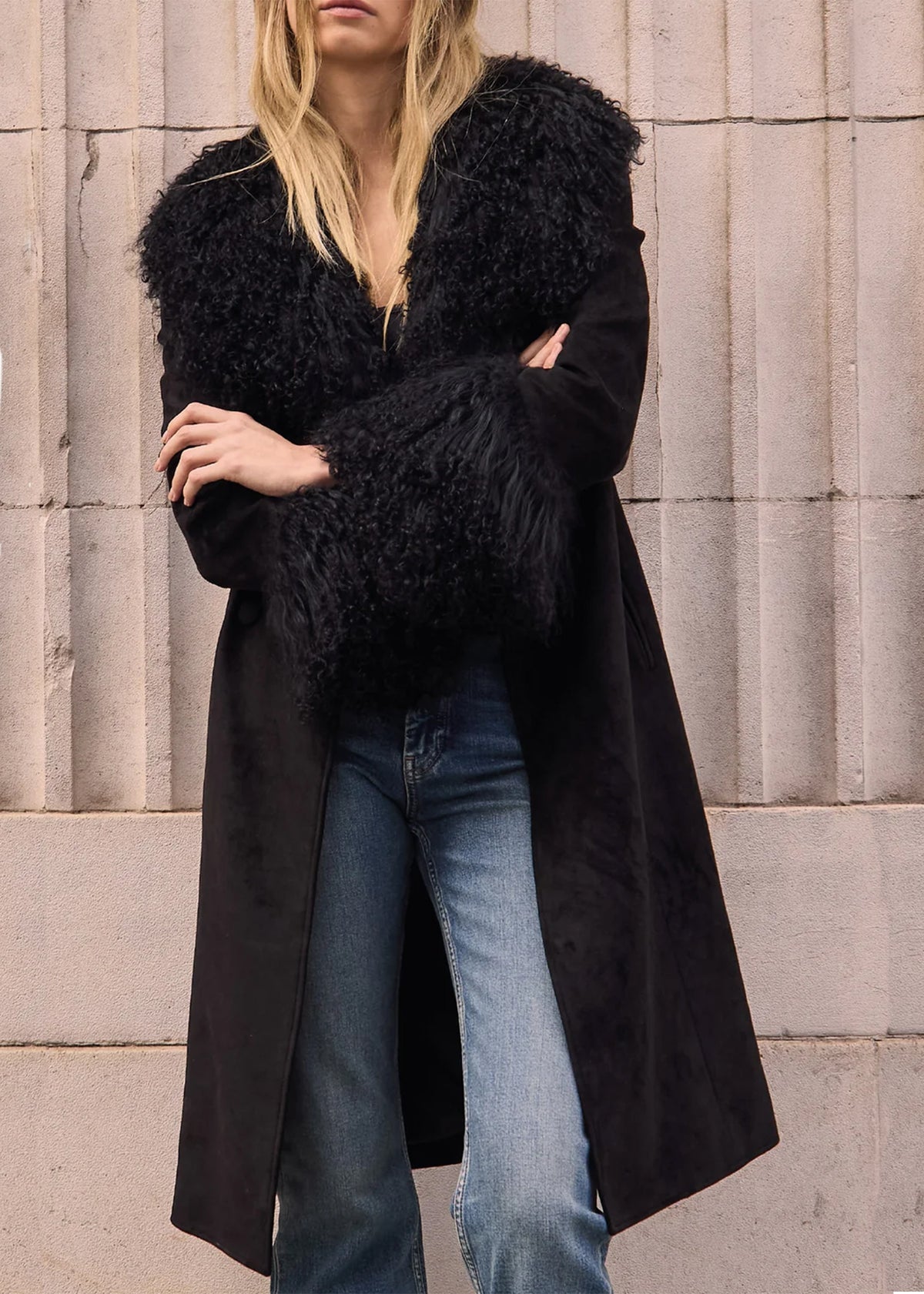 Penny III 70's Black Mongolian Trim Longline Coat