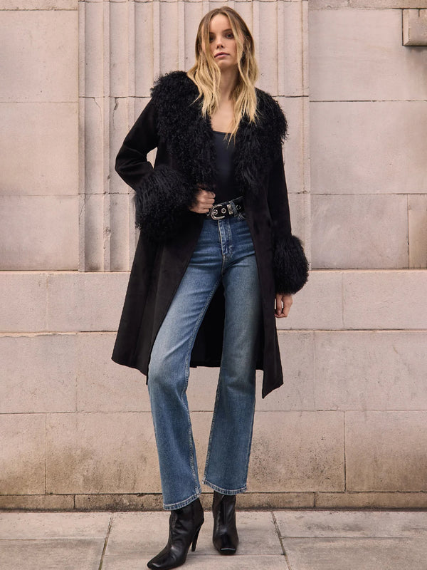 Penny III 70's Black Mongolian Trim Longline Coat
