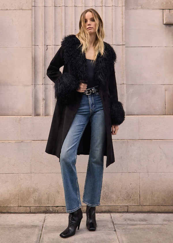 Penny III 70's Black Mongolian Trim Longline Coat