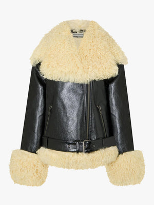 Bowie Black Patent Mongolian Lambswool Trim Biker Jacket