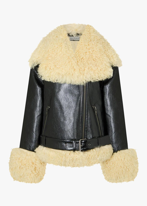 Bowie Black Patent Mongolian Lambswool Trim Biker Jacket