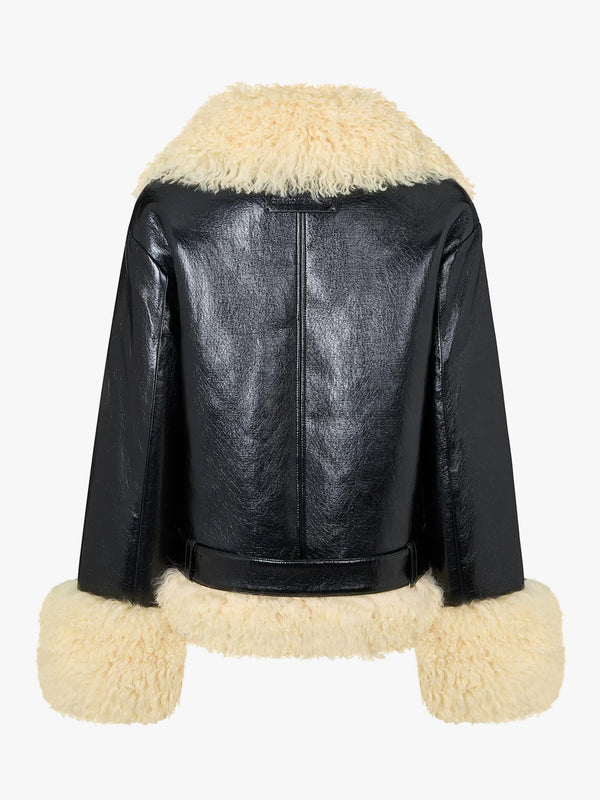 Bowie Black Patent Mongolian Lambswool Trim Biker Jacket