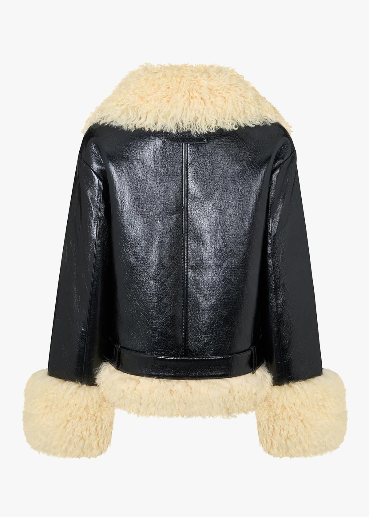 Bowie Black Patent Mongolian Lambswool Trim Biker Jacket