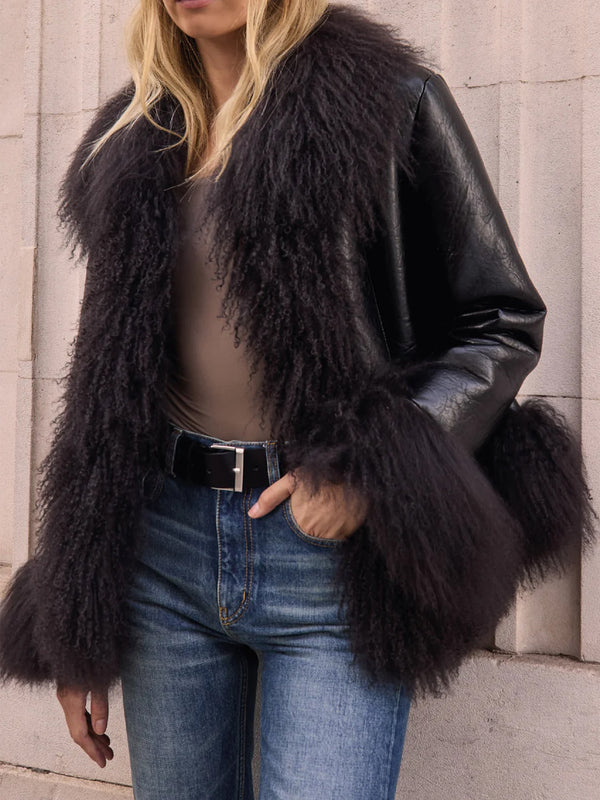Iggy Black Distressed Patent Mongolian Lambswool Trim Jacket