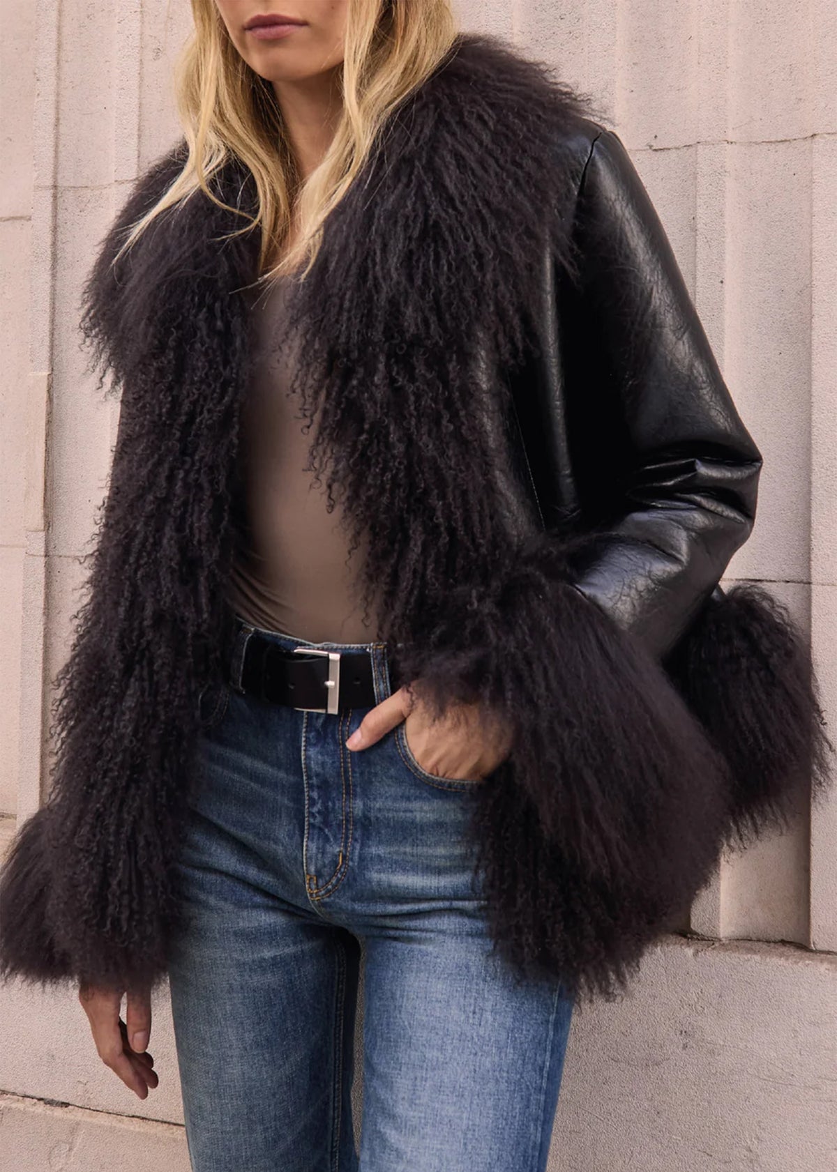 Iggy Black Distressed Patent Mongolian Lambswool Trim Jacket