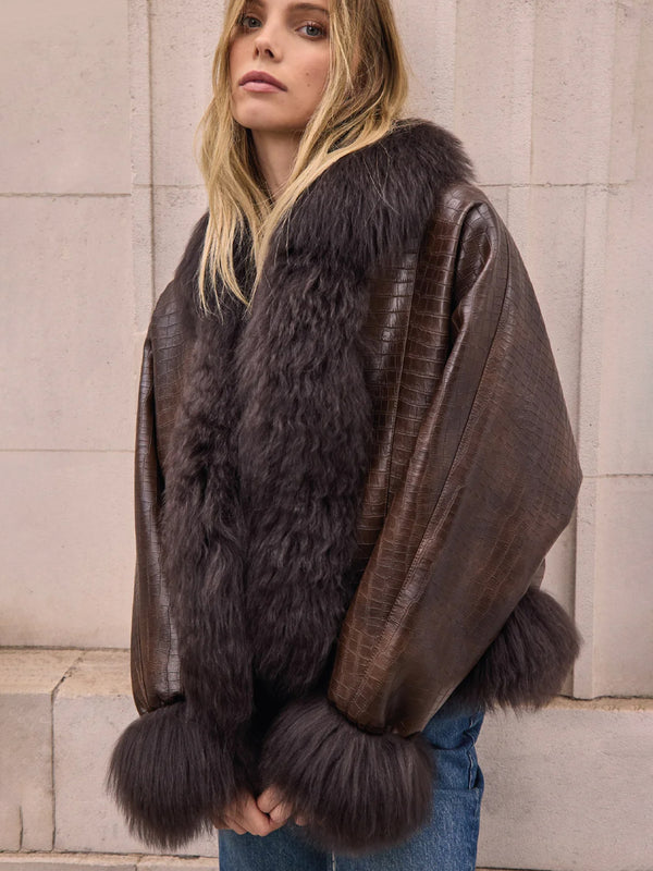 Janis Brown Moc Croc Shearling Trim Jacket