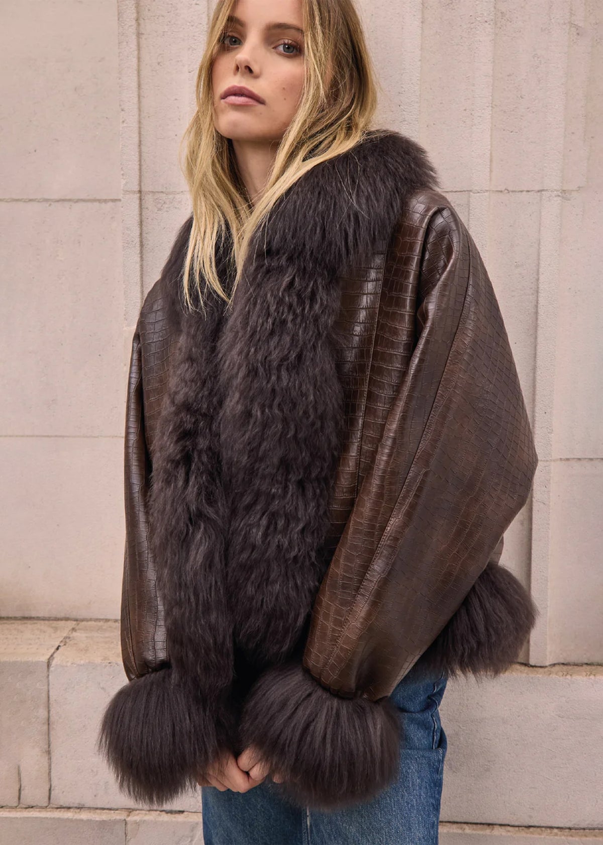 Janis Brown Moc Croc Shearling Trim Jacket