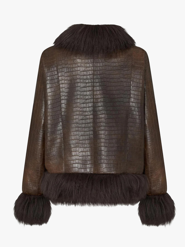 Janis Brown Moc Croc Shearling Trim Jacket