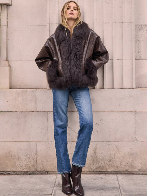 Janis Brown Moc Croc Shearling Trim Jacket