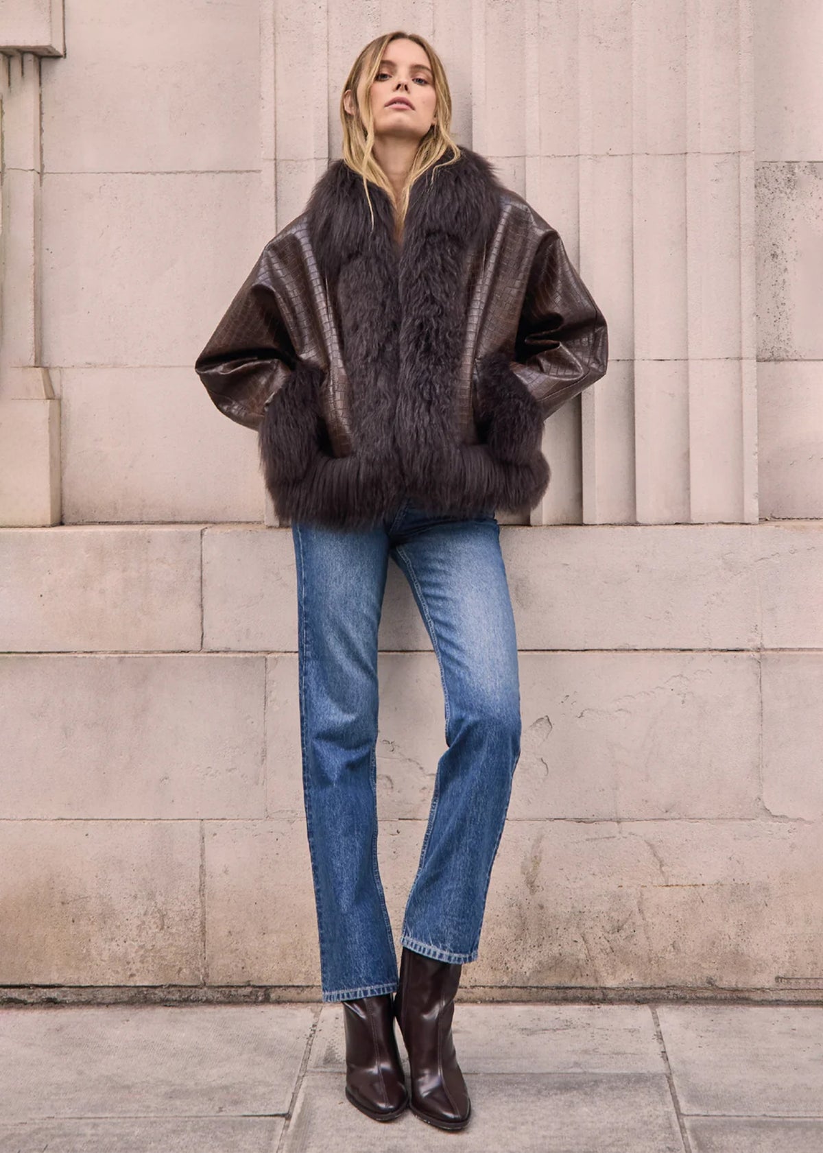 Janis Brown Moc Croc Shearling Trim Jacket