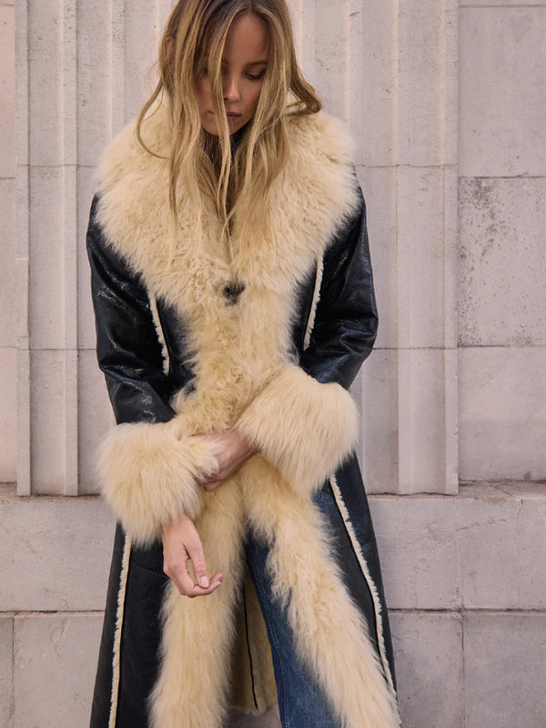 Prince Black Cracked Shearling Trim Longline Coat