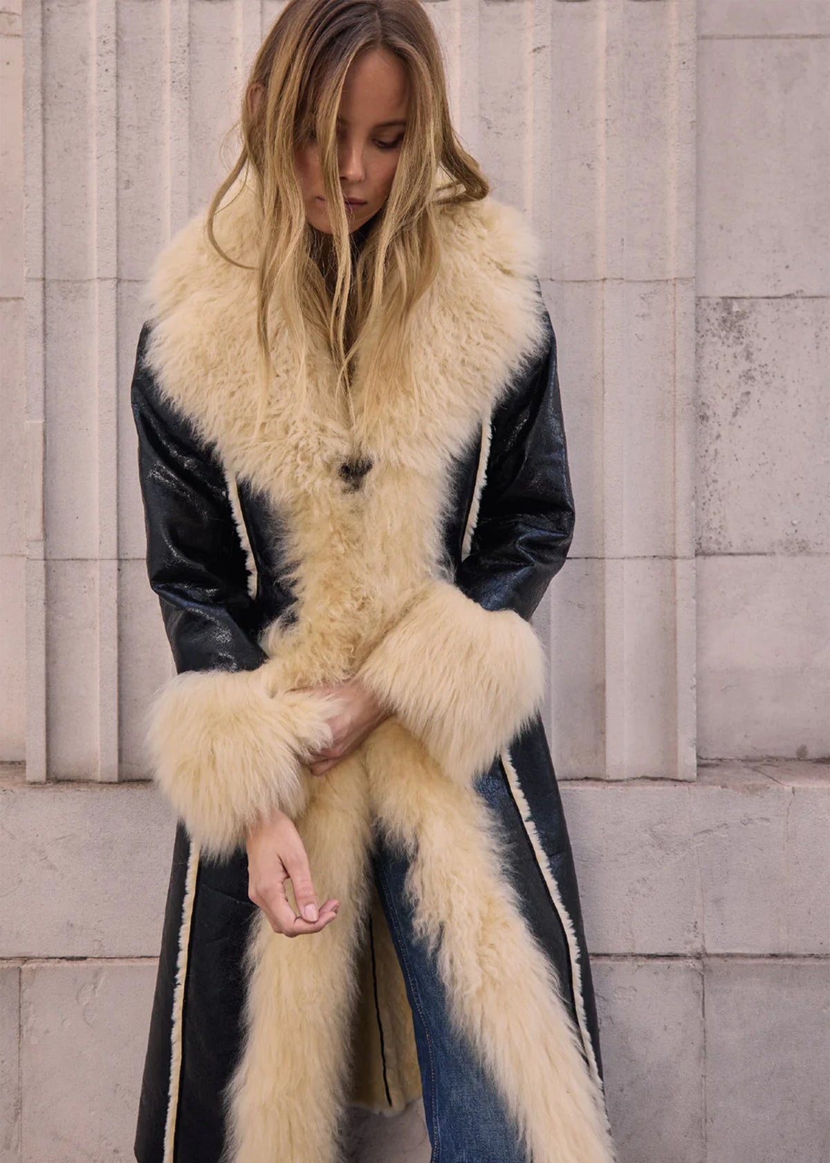 Prince Black Cracked Shearling Trim Longline Coat