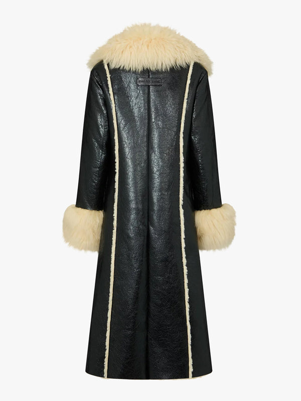 Prince Black Cracked Shearling Trim Longline Coat