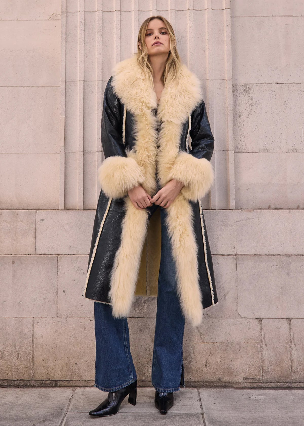 Prince Black Cracked Shearling Trim Longline Coat