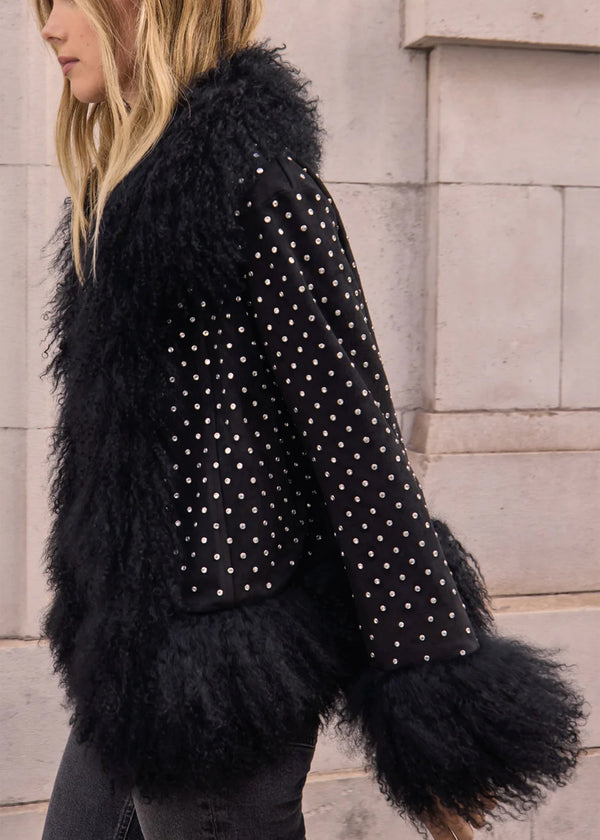 Stella Black Rhinestone Mongolian Trim Jacket