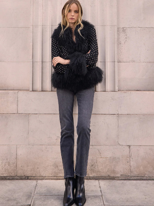 Stella Black Rhinestone Mongolian Trim Jacket