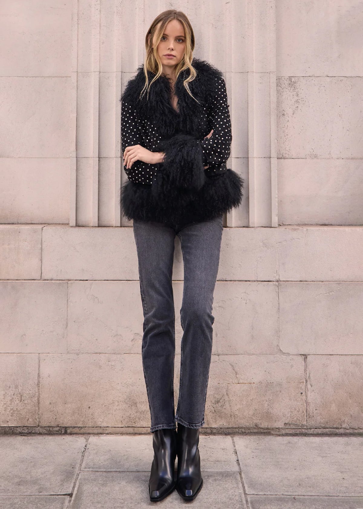 Stella Black Rhinestone Mongolian Trim Jacket