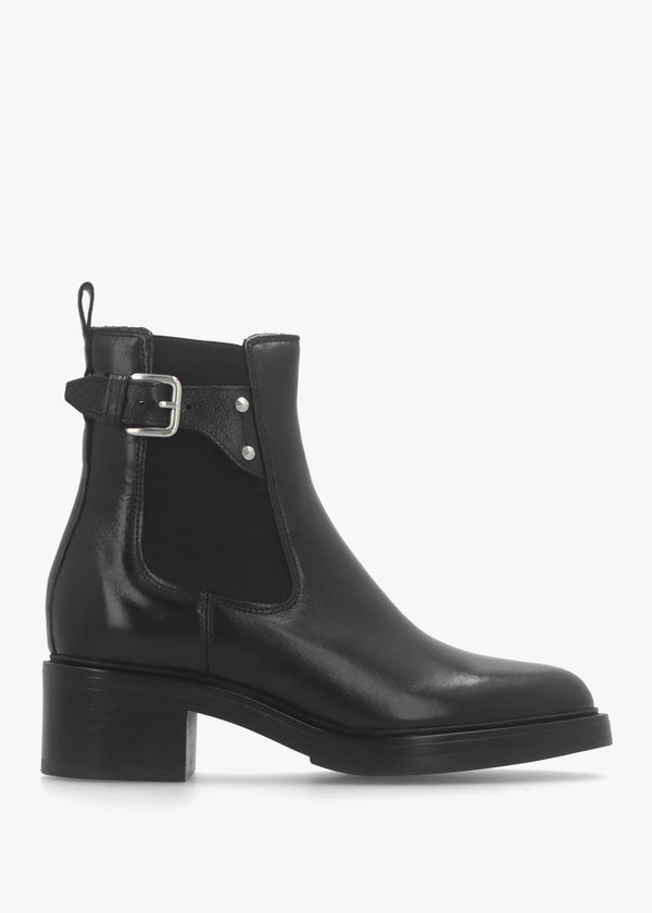 Mockie Black Leather Mid-Block Heel Chelsea Boot