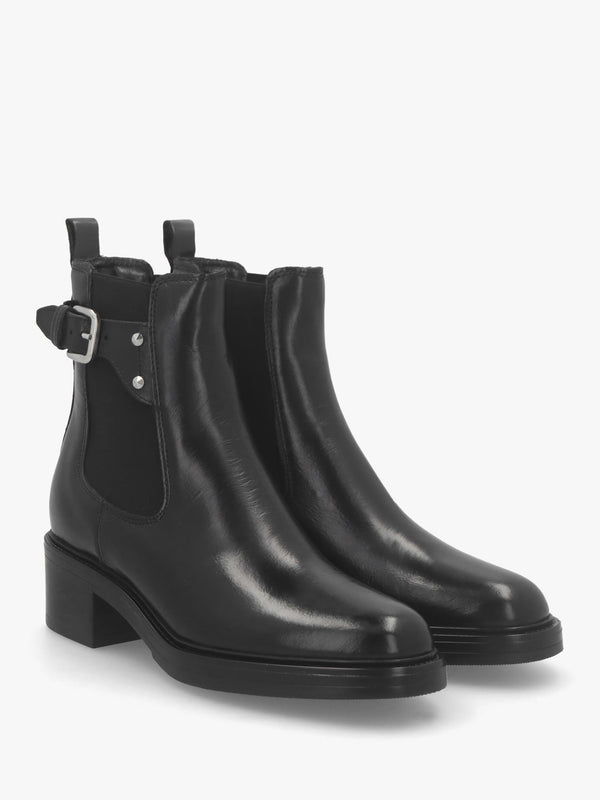 Mockie Black Leather Mid-Block Heel Chelsea Boot