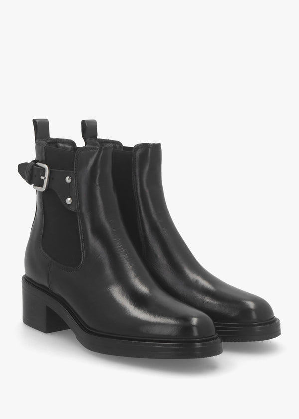 Mockie Black Leather Mid-Block Heel Chelsea Boot