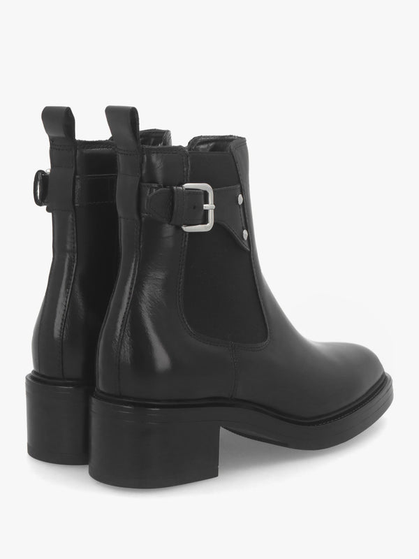 Mockie Black Leather Mid-Block Heel Chelsea Boot