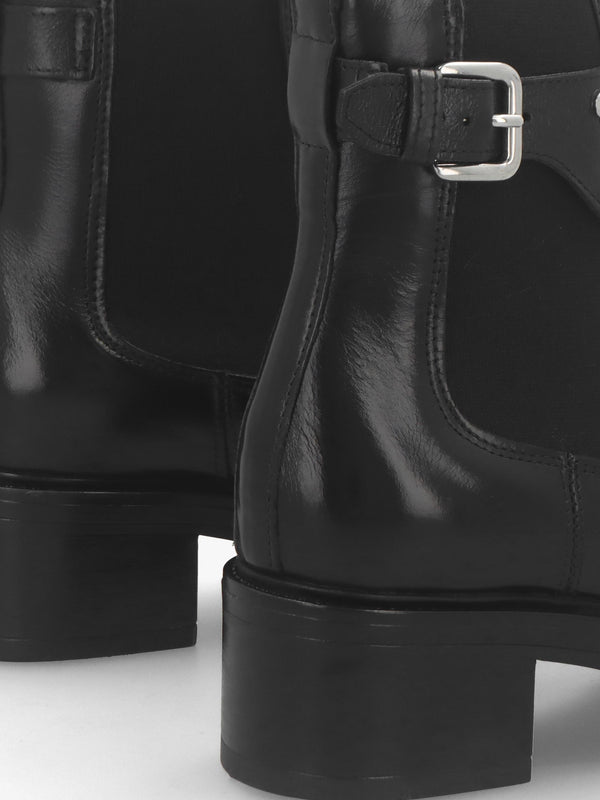 Mockie Black Leather Mid-Block Heel Chelsea Boot