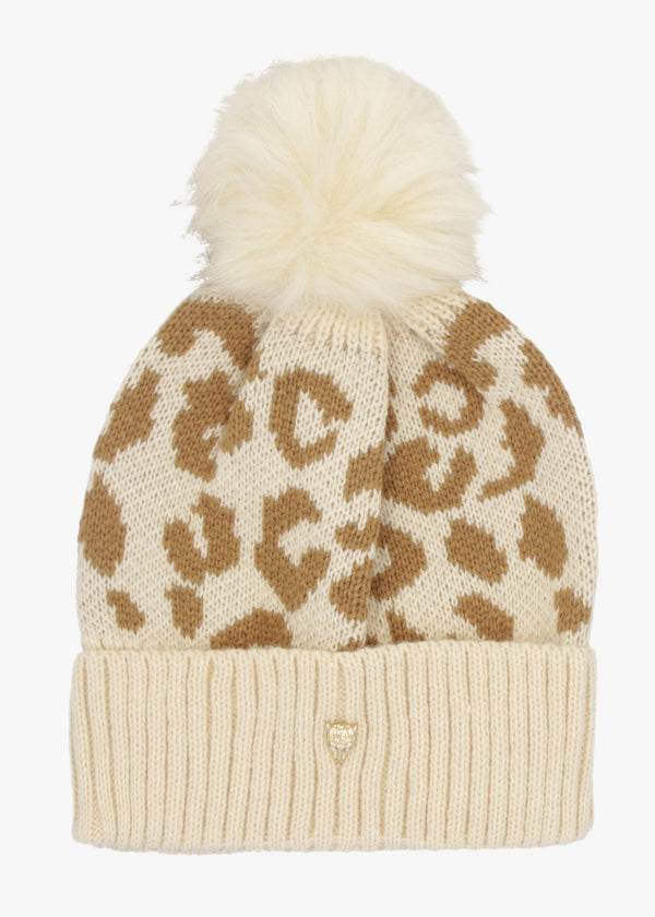 Cleo Beige Leopard Print Bobble Hat