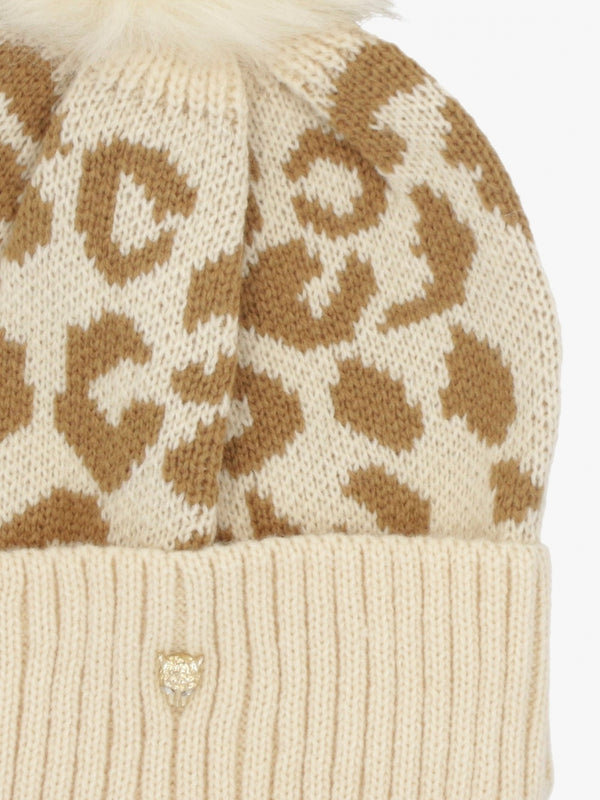 Cleo Beige Leopard Print Bobble Hat