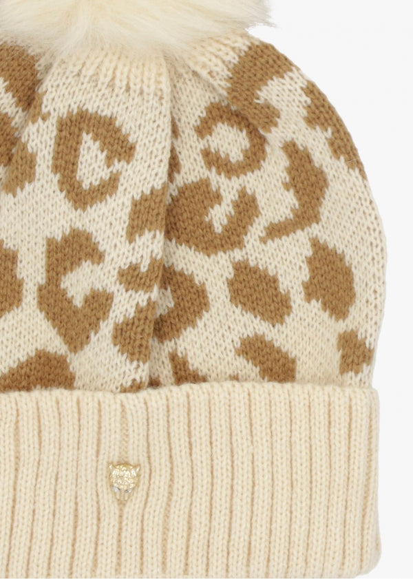 Cleo Beige Leopard Print Bobble Hat