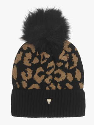 Cleo Black Leopard Print Bobble Hat