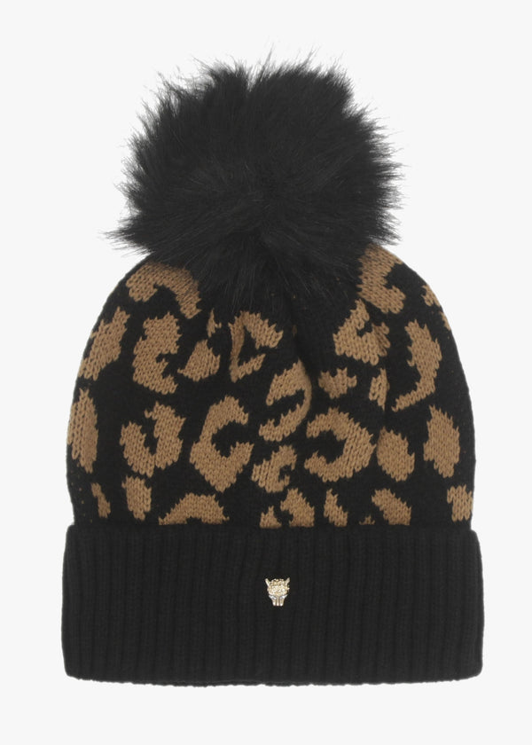 Cleo Black Leopard Print Bobble Hat