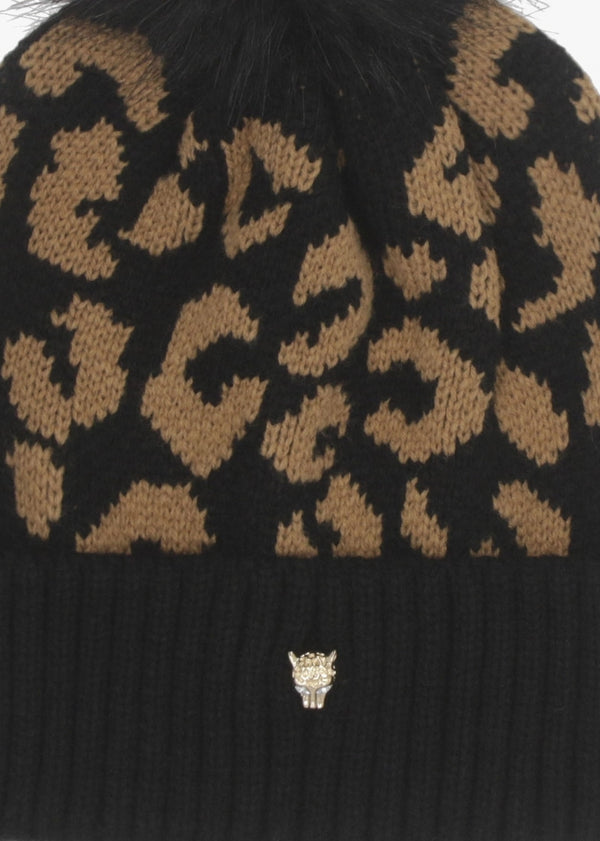 Cleo Black Leopard Print Bobble Hat