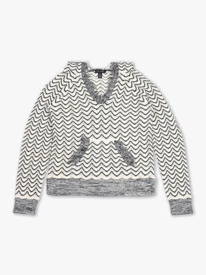 Black & Cream V Neck Crochet Hooded Knitted Jumper