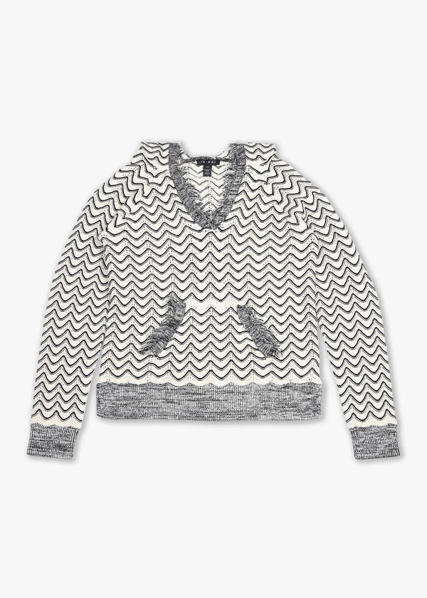 Black & Cream V Neck Crochet Hooded Knitted Jumper