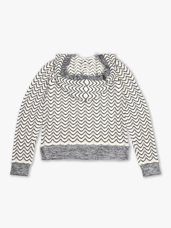 Black & Cream V Neck Crochet Hooded Knitted Jumper