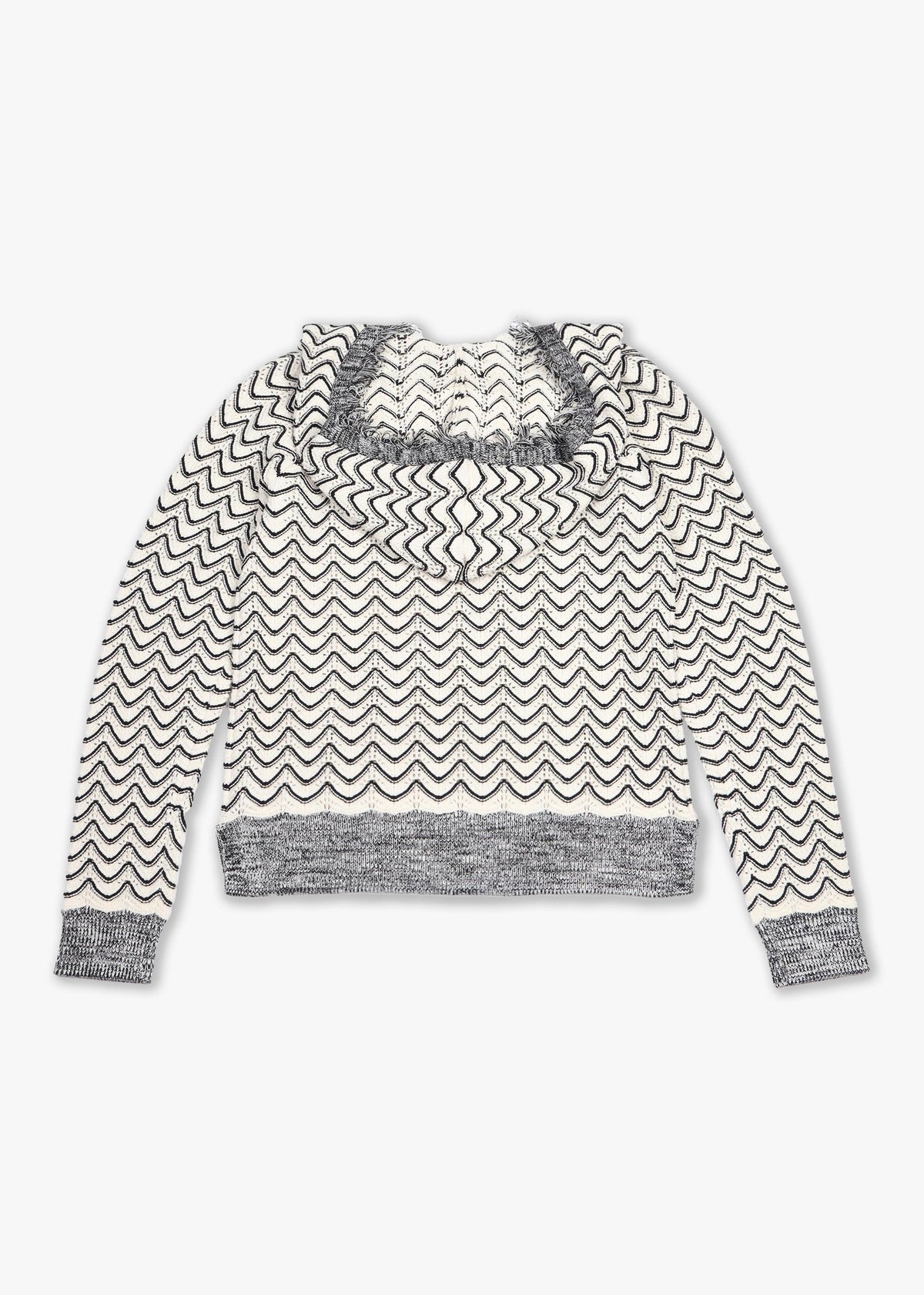Black & Cream V Neck Crochet Hooded Knitted Jumper