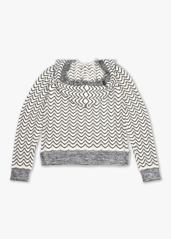 Black & Cream V Neck Crochet Hooded Knitted Jumper