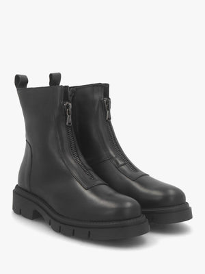 Lippy Black Leather Front Zip Ankle Boots