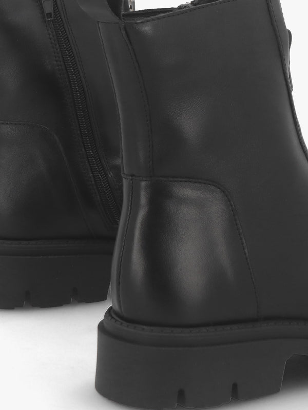 Lippy Black Leather Front Zip Ankle Boots