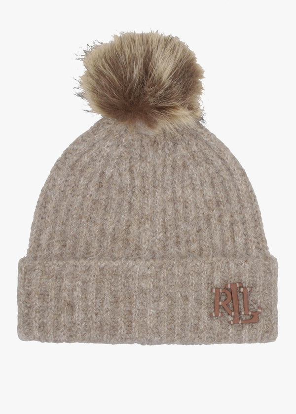 Fisherman Rib Pom Pom Taupe Beanie Hat