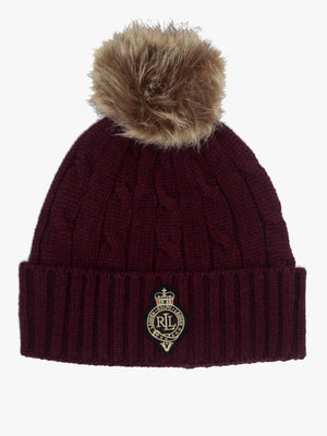 Cable-Patch Pom Pom Burgundy Cable Knit Beanie Hat