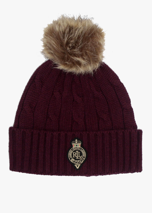 Cable-Patch Pom Pom Burgundy Cable Knit Beanie Hat