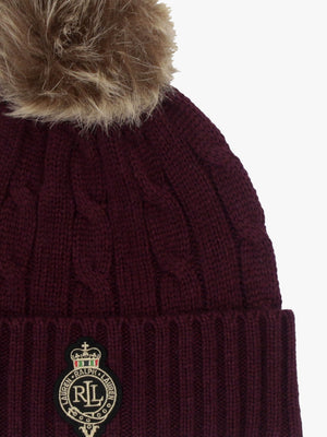 Cable-Patch Pom Pom Burgundy Cable Knit Beanie Hat