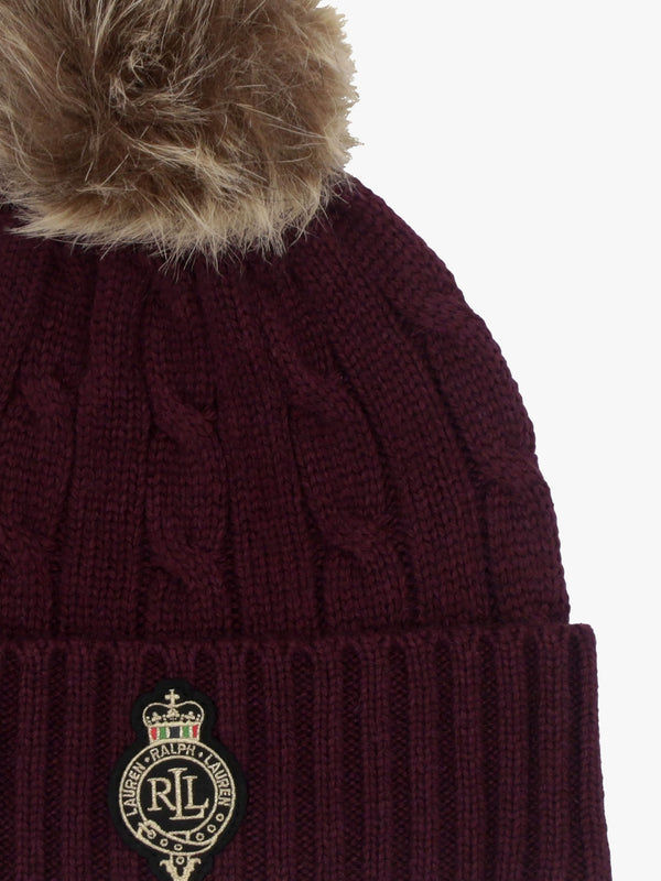 Cable-Patch Pom Pom Burgundy Cable Knit Beanie Hat