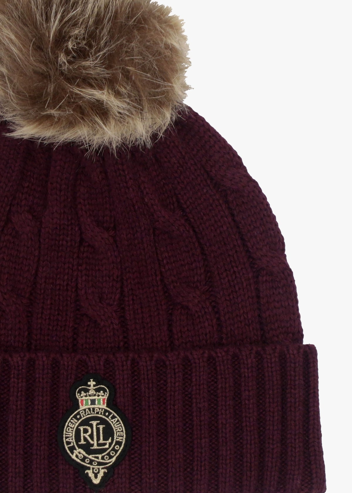 Cable-Patch Pom Pom Burgundy Cable Knit Beanie Hat