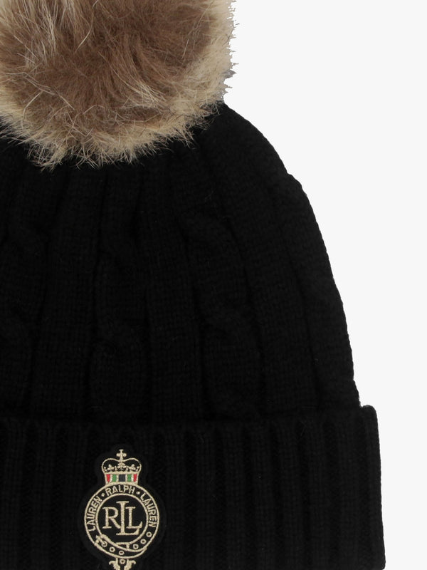 Cable-Patch Pom Pom Black Cable Knit Beanie Hat