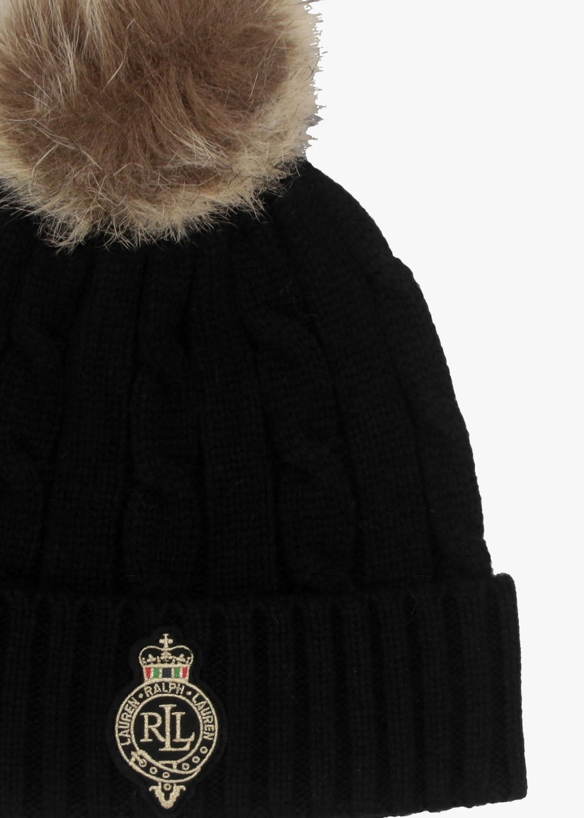 Cable-Patch Pom Pom Black Cable Knit Beanie Hat