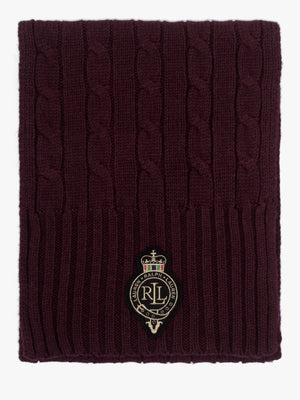 Crest-Patch Burgundy Cable Knit Scarf