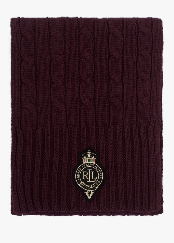 Crest-Patch Burgundy Cable Knit Scarf